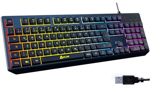 KLIM Chroma Gaming Tastatur QWERTZ DEUTSCH – USB Kabel, RGB Beleuchtung, Leise & Langlebig, Ergonomisch, Wasserdicht – Gamer Tastatur für PC, Mac, PS5, PS4 – Schwarz
