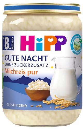 HiPP Bio Gute Nacht Milchreis pur (6 x 190g), Babybrei ab 8. Monat, ohne Zuckerzusatz, gut sättigend, glutenfrei, in bester Bio-Qualität