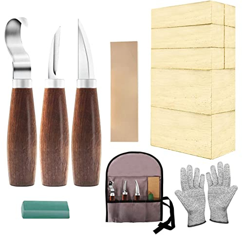 Cor cordium Holzschnitzset mit Lindenholzblöcken, Geschenkset für Erwachsene, Anfänger, Holzschnitzset-Set enthält 3 Holzschnitzmesser und 8 Blöcke und Handschuhe für Widdling Kit