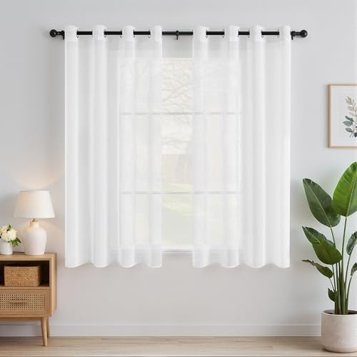 EMEMA Gardinen mit Ösen 2er Set 145cm Lang Weiß Vorhang Voile Vorhänge | Vorhang mit Ösen Transparente Polyester Ösenschal Transparent Wohnzimmer Luftig Dekoschal für Schlafzimmer B140 X H145cm