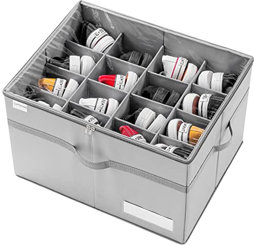 LUVHOMEE Schuhorganizer für Closet, Passt 16 Paare, große Schuhschrank, Schuhbox mit Durchsichtigem Deckel, Starke Aufbewahrungskiste für Schuhaufbewahrung, Platzsparender Shoe Rack mit Griffen, Grau