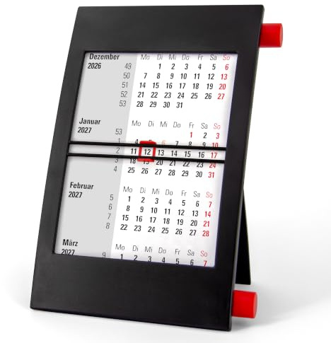 3-Monatskalender Tisch 2027 2028 - Büro & Homeoffice Tischkalender mit Drehmechanik - 2-Jahres-Kalender - schwarz/rot - Truento