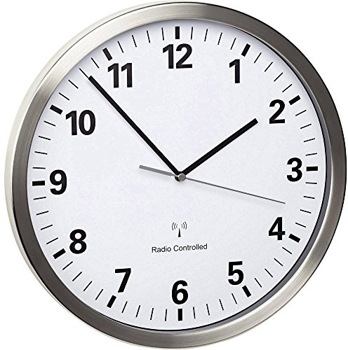 TFA Dostmann Analoge Funk Wanduhr mit Edelstahlrahmen, 60.3523, lautloses Uhrwerk, gut ablesbar, 30cm Durchmesser, inkl Batterien, für Innenräume, Funkuhr, weiß-Silber