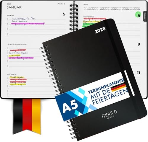 Terminplaner 2026 A5 – Kalender 2026 Buchkalender – Wochenplaner für Termine & Organisation – Planer Minimalist – Praktischer Terminkalender Jan - Dez 2026 mit Deutschen Feiertagen - Klimafreundlich