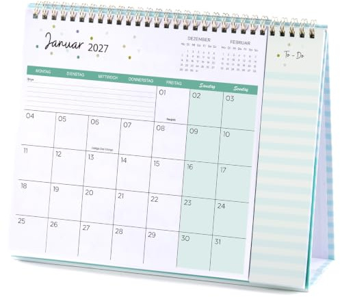 Tischkalender 2027, Kalender 2027, 26,5 x 21,5 x 8,5 cm | 12 Monatskalender von Januar 2027 bis Dezember 2027 mit 53 To-Do-Memo-Seiten Pocket Large Typografie Home Office Schule