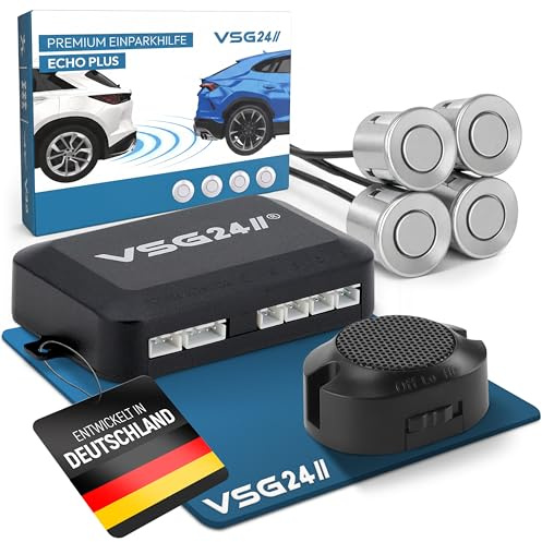 VSG24 Einparkhilfe Set hinten mit 4 Sensoren in Silber – robuste PDC Parkhilfe für Auto, SUV & Transporter – akustischer Rückfahrwarner, 30–150 cm Reichweite – 12V Nachrüstsystem