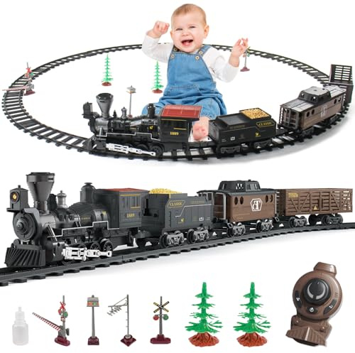 fisca Elektrischer Zug Spielzeug für Kinder, Eisenbahn Schienen Zug Set mit Dampflokomotive, 3 Güterzüge, Geräusche & Licht & Wasserspray，Weihnachten Geburtstag Geschenke für 3-8 Jahren