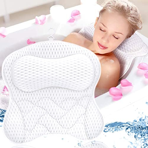 Frasheng Badewannenkissen,Badekissen,Nacken Wannenkissen,Nacken- und Rücksenkissen,Komfort BadeKissen mit 6 Saugnäpfen 4D Mesh,für Kopf,Nacken,Schultern,Rücken für Badewanne und Home Spa,Weiß