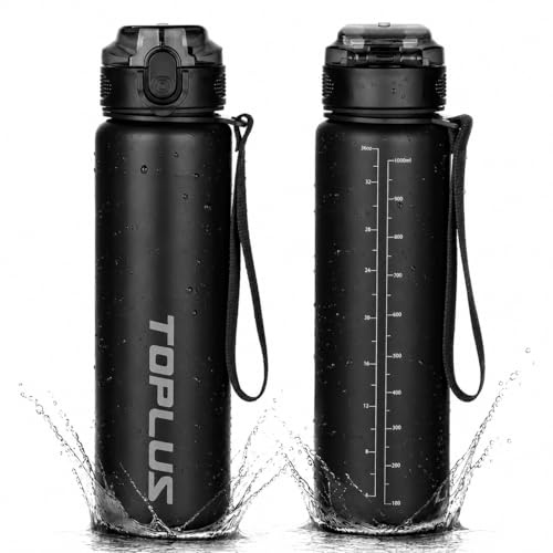 TOPLUS Trinkflasche 1 Liter, 100% BPA-frei, Sportflasche, Wassweflasche für Fahrrad, Camping, Yoga, Gym & Outdoor-Aktivitäten - Leicht, Stoßfest & Wiederverwendbar - Schwarz (1 Flasche, 1000ml)