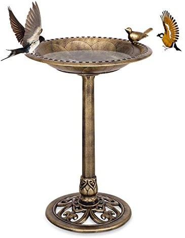 COSTWAY Vogeltränke stehend, Vogelfutterstation Retro, EIN Vogel auf Wasserschale, Futterstation Vogelfutterspender für Wildvögel, für Garten Vogelbad, Bird Feeder Futterplatz, 51 x 72 cm, Bronze