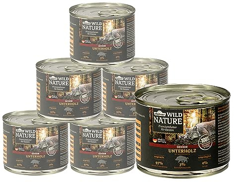 Dehner Wild Nature Katzenfutter Unterholz Senior, Nassfutter, Wild, 6 x200g | 1.2 kg, getreidefrei / zuckerfrei, mit Wildschwein, für ältere Katzen