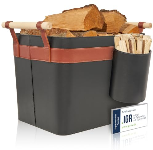 OAKAGE® Holzkorb für Kaminholz Groß aus veganem Leder Kaminholzkorb Feuerholzkorb Brennholzkorb Kaminkorb | Korb Bundle