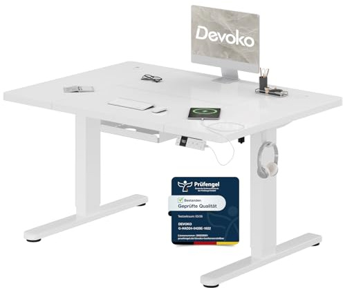 Devoko Höhenverstellbarer Schreibtisch 120x80cm mit Typ-C Ladeanschluss, Schreibtisch Höhenverstellbar Elektrisch, Mobiler Elektrisch Computertisch mit Kabel Management Tray, Weiß