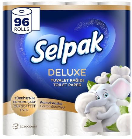Selpak Deluxe Toilettenpapier mit Baumwolle angereichert 3-lagig, 96 Rollen (32 Rollen, 3er Pack) 130 Blatt pro Rolle, Klopapier Mit Baumwollfasern, Extra Weich und Stark, Toilet Paper, Wc Papier