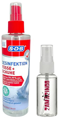 SOS Fuß-Desinfektion-Spray 250ml inkl. Sprühflasche in Reisegröße 30ml | Nach Normen Geprüft, wirksam bei Fußpilzerregern, Wirksam gegen Faden & Hefepilze, Beseitigt 99,99% der Bakterien