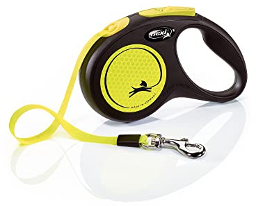 flexi® Neon S | 5m Gurt Roll-Leine für Hunde bis 15 kg | schwarz/neon-gelb | ausziehbare Hundeleine | Gewicht 203 gr | Maße 10 x 16.5 cm