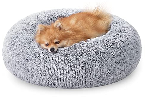 Feandrea Hundebett flauschig, Katzenbett, Donut Kissen, waschbar, Polsterung in der Mitte herausnehmbar, Langer Plüsch, 60 cm Durchmesser, Ombré-Grau PGW038G01