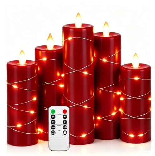 Da by 5 Stück Rote Paraffin LED Kerzen mit Feenlichtkette, Realistische Flackerflamme, Batteriebetriebene Premium Kerzen mit Fernbedienung, Wiederverwendbar für Fest- und Wohndekoration