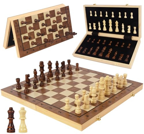 WOODENFUN Schachspiel Magnetische Holz für Erwachsene und Kinder Faltbares Schachbrett 40x40cm Tragbares Schachspiel Nuss- und Kiefernholz(Braun Große Faltung)