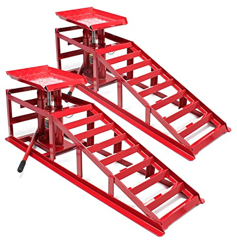 Wiltec 2X Auffahrrampe mit hydraulischem Wagenheber 2000 kg, höhenverstellbar bis 30 cm, Auffahrschiene mit Überfahrschutz, Verladerampe