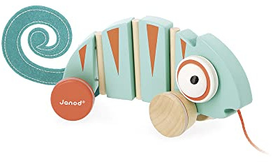 Janod - Nachzieh-Chamäleon Tropik - Entwicklungsspielzeug aus Holz - Leise Räder - Lernspielzeug Laufen und Gleichgewicht - FSC-zertifiziert - Wasserfarbe - Ab 1 Jahr, J08264, Blue