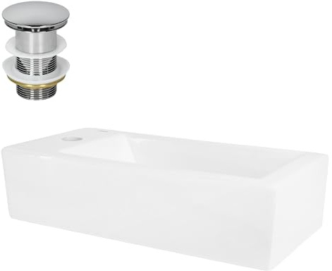 ML-Design Waschbecken Keramik Weiß 51x25x13 cm mit Ablaufgarnitur Silber, Klein, Eckig, Hahnloch links, Wandmontage oder Aufsatzwaschbecken, Moderne Waschtisch Waschschale Waschplatz Handwaschbecken