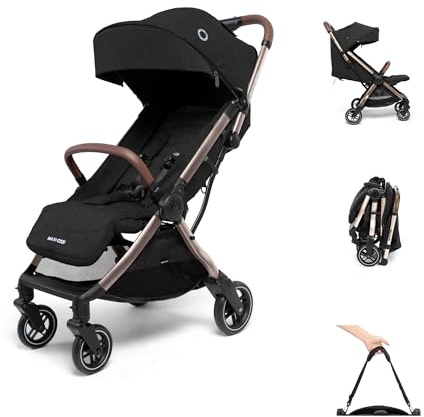 Maxi-Cosi Eva3 Kinderwagen, 0–4 Jahre, 0–22 kg, Baby Kinderwagen, Leicht und kompakt, Flache Liegeposition, 3 Liegepositionen, Automatisch mit 1 Hand klappbar, Tragegurt, Essential Black Champagne