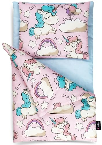 PinkZebra 3-teilig Puppenbettwäsche für große Puppen bis 48 cm, Decke + Kissen + Matratze, Puppenbettzeug mit Matratze, Bettwäsche aus Baumwolle, Einhorn Pink