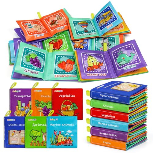 Dr.Rapeti 6 Stück Stoffbuch für Babys, Baby Soft Tuchbuch, Baby Pädagogisches Spielzeug, Early Learning Lernspielzeug, Waschbar Anti Tear Crinkle Badebuch, Früherziehung Spielzeug(Englisch)