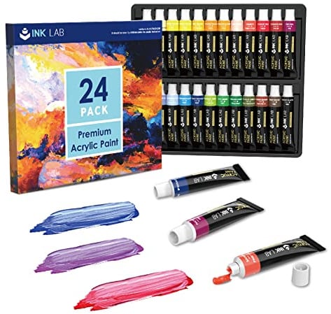 INK LAB Acrylfarben Set 24 x 12 ml, Kompakte Acrylfarbe, Wasserdichte lichtbeständige acrylic paints, Schnelltrocknend mit hoher Pigmentierung für Papier, Leinwand, Ideal für Anfänger und Profis