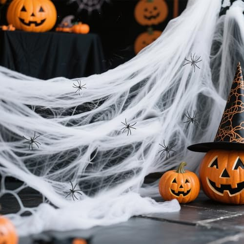Behiruch Halloween Deko Set, 200g Dehnbare Spinnennetze & 50 Künstliche Spinnen - Perfekt für Innen/Außen, Garten, Tür, Fenster, Häuser, Spukhaus & Partyzubehör - Schaurige Atmosphäre für Ihre Feier
