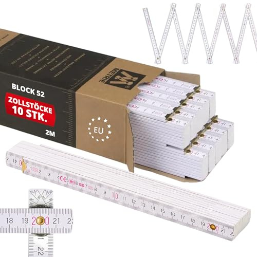 Metrie™ Zollstock – Gliedermaßstab 2m | Meterstab, Maßstab – Weiß – Duplex Teilung, Hergestellt in der EU | Buchenholz & Stahlgelenke | für Handwerker, DIY | BLOCK 52 – 10 Stück