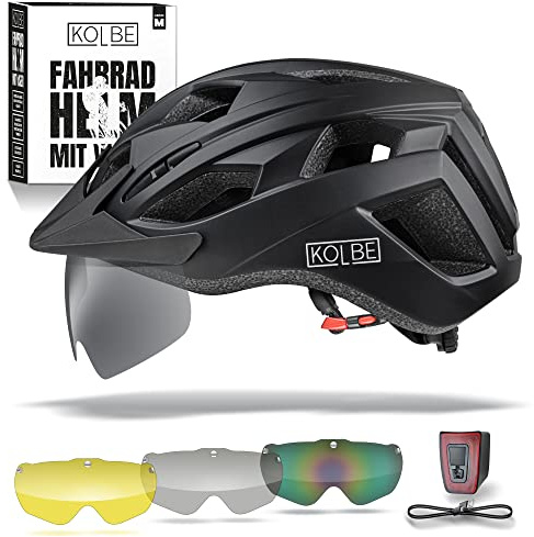 KOLBE Fahrradhelm Mit Visier - 3 Magnetische Visiergläser - M/L für Herren & Damen - Trekking-, City- & Rennradhelm Mit Licht (Aufladbar) + Ersatzpolster + Beutel