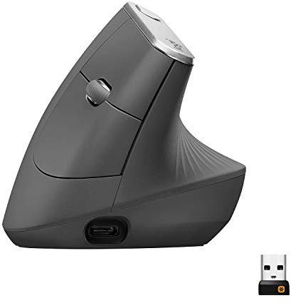Logitech MX Vertical, Ergonomische Kabellose Maus, Bluetooth und 2.4 GHz Verbindung via Unifying USB-Empfänger, 4000 DPI Sensor, Wiederaufladbarer Akku, 4 Tasten, Multi-Device, PC/Mac/iPadOS - Graphit