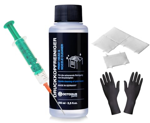Octopus Fluids Druckkopfreiniger-Set für Inkjet-Drucker, 100 ml | Mit Reiniger, Spritze, Zellstofftupfer und Handschuhen für thermische und Piezo-Druckköpfe sowie Druckkopfpatronen