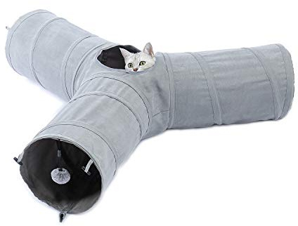 PAWZ Road Katzentunnel Katzenspielzeug mit Ball für Katzen oder Kleintiere | katzentunnel, Ball Rascheltunnel, Katzen Welphln Kaninchenoder Kleintiere Grau, 44L x 25B x 25H cm, Faux Pelz
