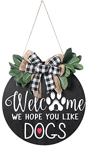 Alnicov Willkommensschild aus Holz, Aufschrift Welcome We Hope You Like Dogs, Türhänger für Veranda, Dekoration, Einweihungsgeschenk
