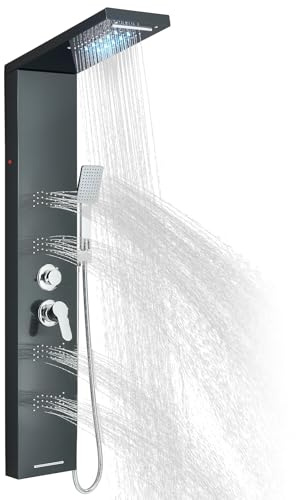 LIFFSSDG LED Duschpaneel aus Edelstahl Wand-Duschpaneel Multifunktions Duschsäule mit armatur 5 Dusch Funktion (Regendusche, Wasserfalldusche, Massagedusche, Wanneneinlauf Handbrause) Schwarz