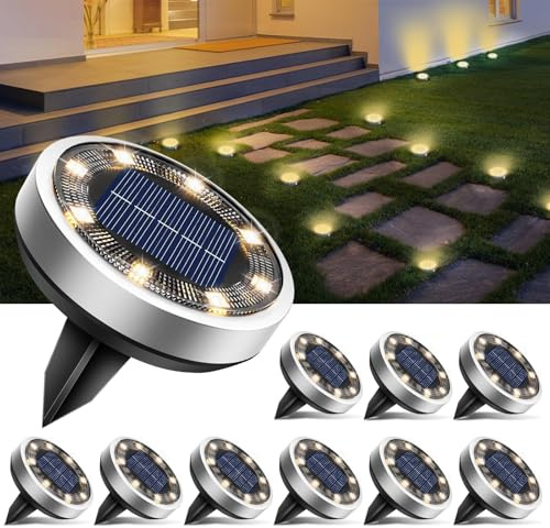 btfarm 10 Stück Solar Bodenleuchten Aussen, 8 LED Gartenbeleuchtung Solar Wasserdicht Boden Solarleuchten, Solarlampen für Außen Garten Rasen Auffahrt Gehweg Patio, Warmes Weiß