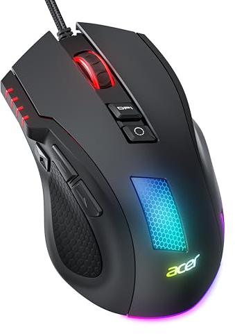 Acer Gaming Maus mit Kabel 12800 DPI, Wired Computer Mouse Gaming mit Treiber, 1000Hz Abfragerate und 8 Programmierbare Tasten, Schnellfeuertaste und RGB-Leuchten, PC Maus Gaming Ideal für PC/Laptop