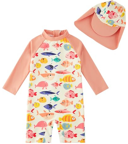 upandfast Baby Badeanzug mit Sonnenhut UPF 50+ Uv Sonnenschutz Badebekleidung für Baby(6-9 Monate,Orange Fisch)