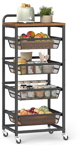 VASAGLE Servierwagen mit 5 Ebenen, Rollwagen, 40 x 31,7 x 95 cm | Küchenregal auf Rollen mit herausziehbaren Körben, Griff, vintagebraun-tintenschwarz, DACEY Kollektion LRC041K01