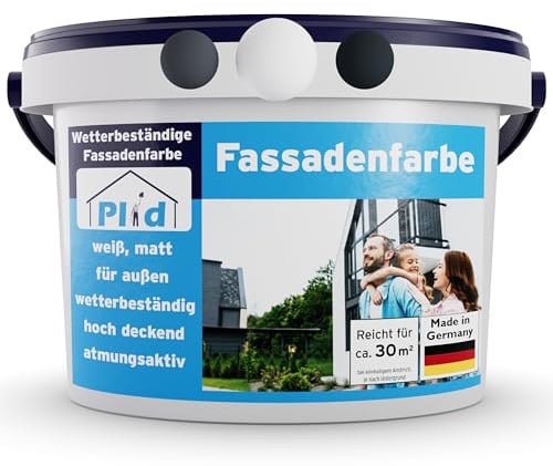 Plid® - Fassadenfarbe Weiss Außen [WETTER & UV-BESTÄNDIG]- Hochwertige Farbe für Mauerwerk, Hauswand, Beton & Kellerwand - Sockelfarbe - Mauerfarbe - Wandfarbe Weiß 5L - Made in Germany