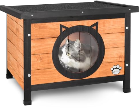 VOUNOT Katzenhaus aus Holz, Wetterfestes Katzen Haus mit Katzenohren-Design, Katzenhütte für draußen, 57 x 45 x 43 cm