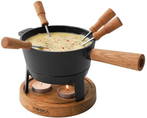 BOSKA Fondue Set Pro S - 2 bis 4 Personen - Käsefondue Teelichter mit Stil - 700 ml Inhalt für 350 gr Geschmolzenen Käse [Ink. Fonduegabeln] [Stabile, Eichenholz und Edelstahl]