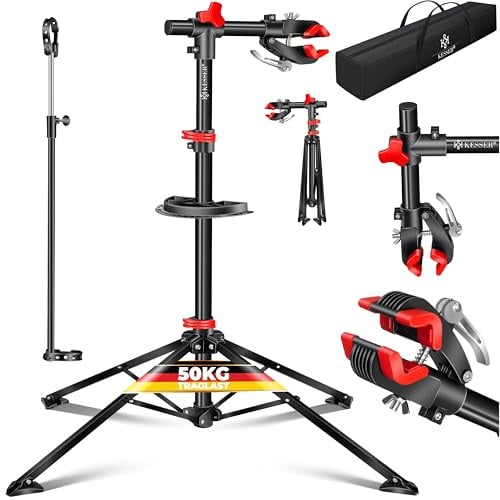 KESSER® Fahrradmontageständer Profi 50kg - 360° drehbar für E-Bike, Mountainbike & Fahrrad, höhenverstellbarer Reparaturständer, mit Werkzeugablage, Tragetasche & Schnellspanner