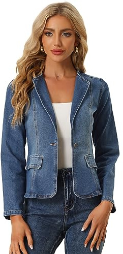 Allegra K Damen Jeansjacke Langarm Reverskragen Knopf Denim Blazer