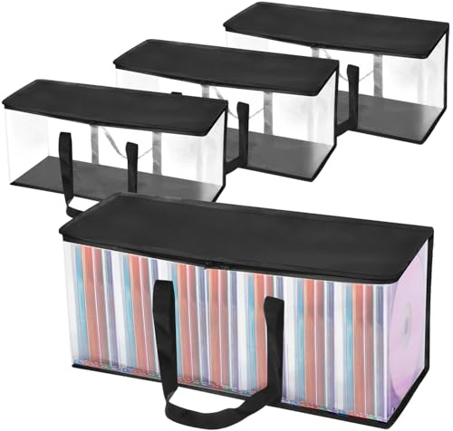 QWORK® 4 Stück DVD/CD Aufbewahrungstaschen, je 52 x 17,5 x 22 cm, insgesamt für ca. 140–160 Hüllen, transparente PVC-Organizer mit Reißverschluss und Tragegriffen, Keine Hartbox