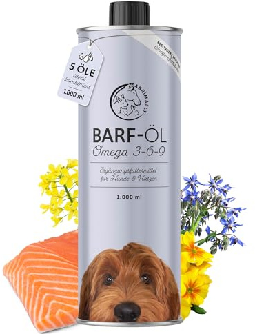 Barf Öl für Hunde 1000ml Barföl mit Omega 3-6-9 aus: Lachsöl, Rapsöl, Hanföl & Borretschöl - Futteröl für Hund als Futter Topping (Barf Zusatz)