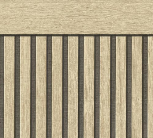 A.S. Création Vliestapete mit Wandpaneelmotiv & Sockelleiste 0,53 x 10,05 m - Beige, Braun, Schwarz - Tapete in realistischer Holzoptik - 399561